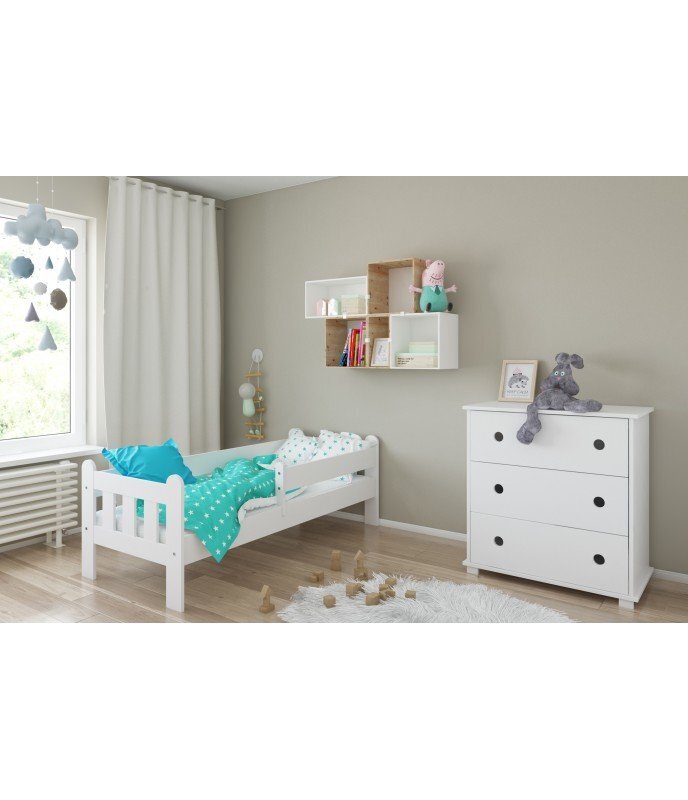 Nichiduta Patut din lemn MDF Stas Alb 140x70 cu laterala de protectie 90 cm inclusamargini rotunjitevopsea ecologica pe baza de apadesign modern