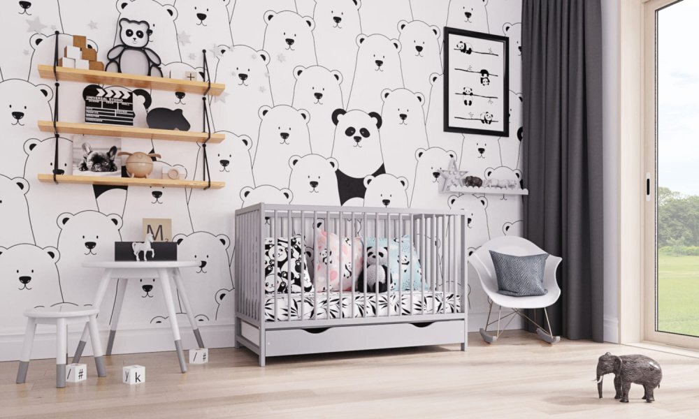Nichiduta Patut din lemn pentru copii Dominic Gri design modern cu somiera reglabila pe 3 inaltimi distincte dimensiunea exterioara 125 x 65 cm