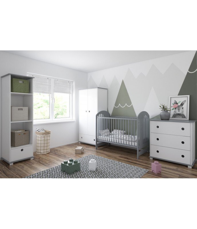 Nichiduta Patut din lemn pentru copii Tymon Grey design modern cu somiera reglabila pe 3 inaltimi distincte sistem cu 3 bare laterale detasabile margini rotunjite dimensiuni exterioare 124 x 66 x 106 cm