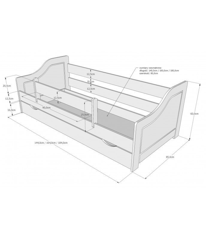 Nichiduta Patut din lemn si MDF Lili Alb 140x80 cm + bariera de siguranta 90 cmmargini rotunjitemateriale si vopsele sigure pentru copii