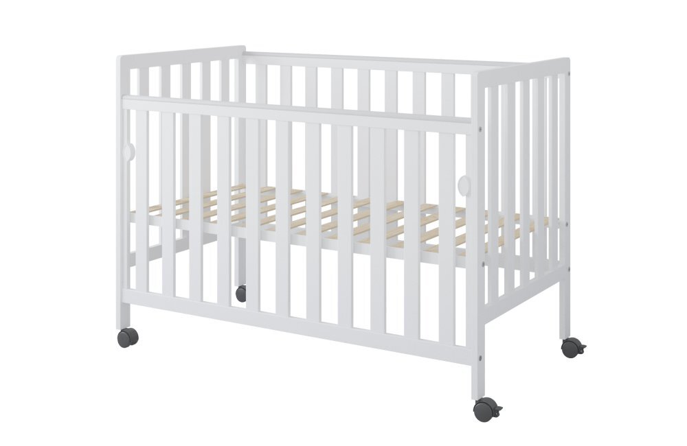 Nichiduta Patut din lemn si MDF pentru copii Bambi Alb cu laterala culisantaroti cu blocare vopsele ecologice pe baza de apa margini rotunjite dimensiuni interioare 120x60 cm