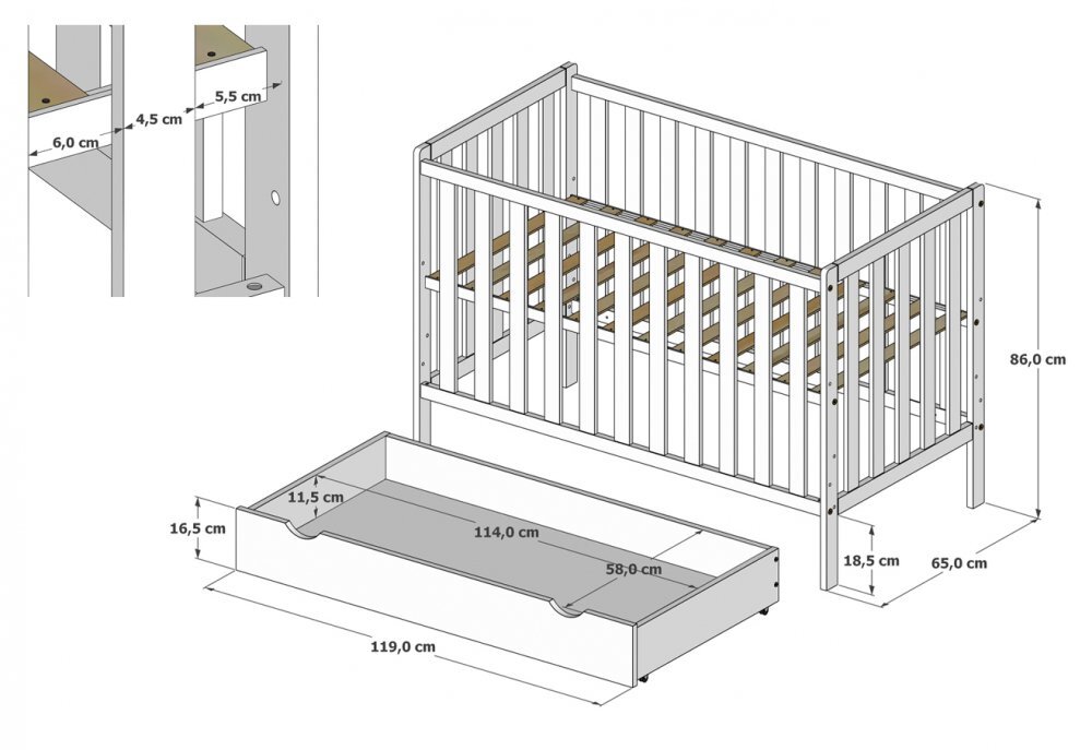 Nichiduta Patut din lemn si MDF pentru copii Bambi Alb cu sertar pe rotibariera de protectie2 bare detasabilevopsele ecologice margini rotunjitedimensiuni interioare 120x60 cm