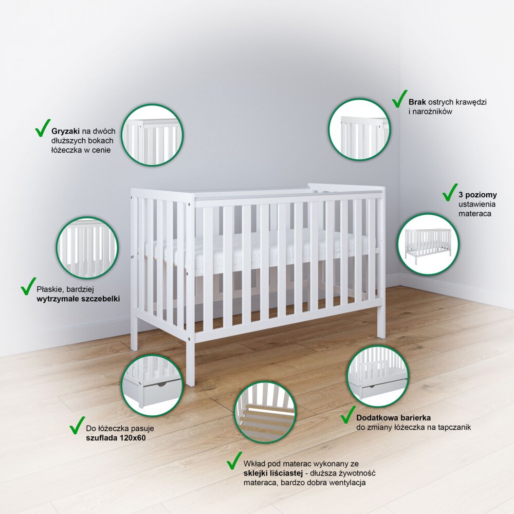 Nichiduta Patut din lemn si MDF pentru copii Bambi Alb margine din silicon pentru protectie dintisori vopsele ecologice pe baza de apa dimensiuni interioare 120x60 cm