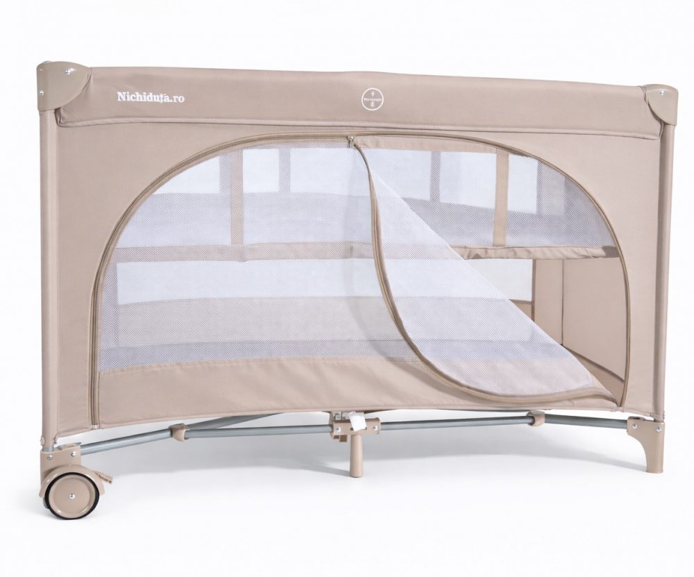 Nichiduta Patut pliabil pentru copii Beige cu doua nivele multifunctional 2 in 1 cadru din otel material poliester 210D roti cu franare dimensiune 125 x 65 x 77 cm geanta de transport inclusa