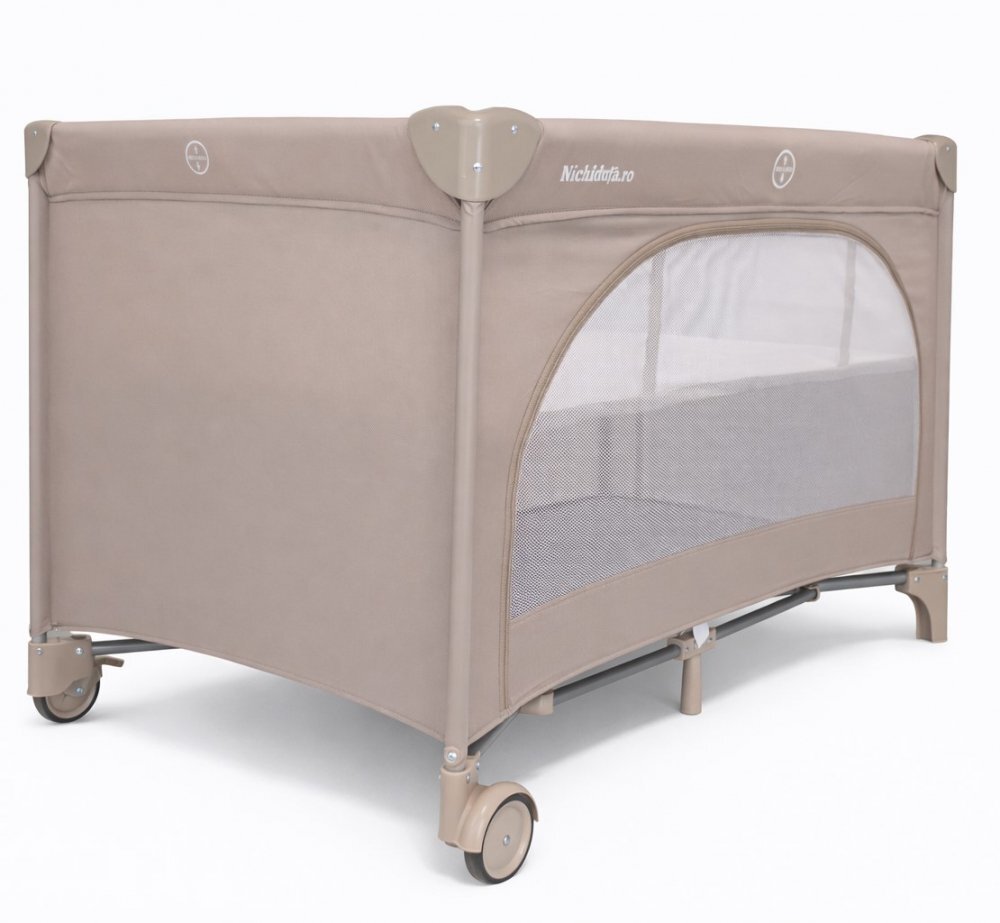 Nichiduta Patut pliabil pentru copii Beige cu doua nivele multifunctional 2 in 1 cadru din otel material poliester 210D roti cu franare dimensiune 125 x 65 x 77 cm geanta de transport inclusa