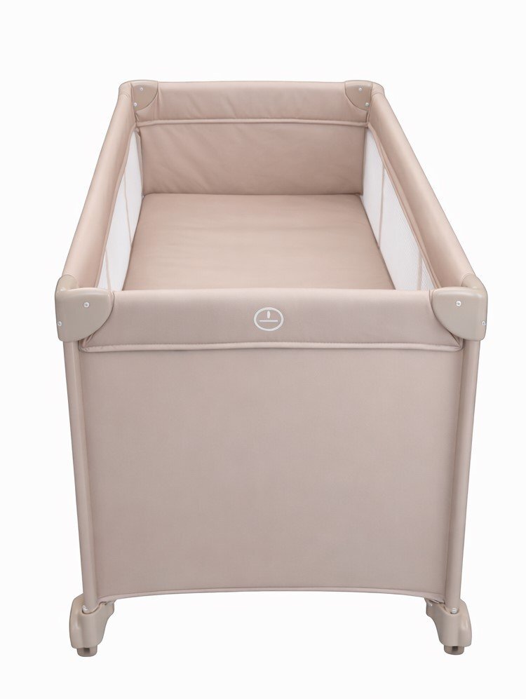 Nichiduta Patut pliabil pentru copii Beige cu doua nivele multifunctional 2 in 1 cadru din otel material poliester 210D roti cu franare dimensiune 125 x 65 x 77 cm geanta de transport inclusa