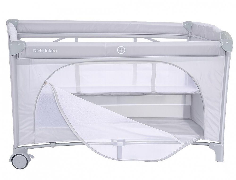 Nichiduta Patut pliabil pentru copii Grey cu doua nivele multifunctional 2 in 1 cadru din otel material poliester 210D roti cu franare dimensiune 125 x 65 x 77 cm geanta de transport inclusa