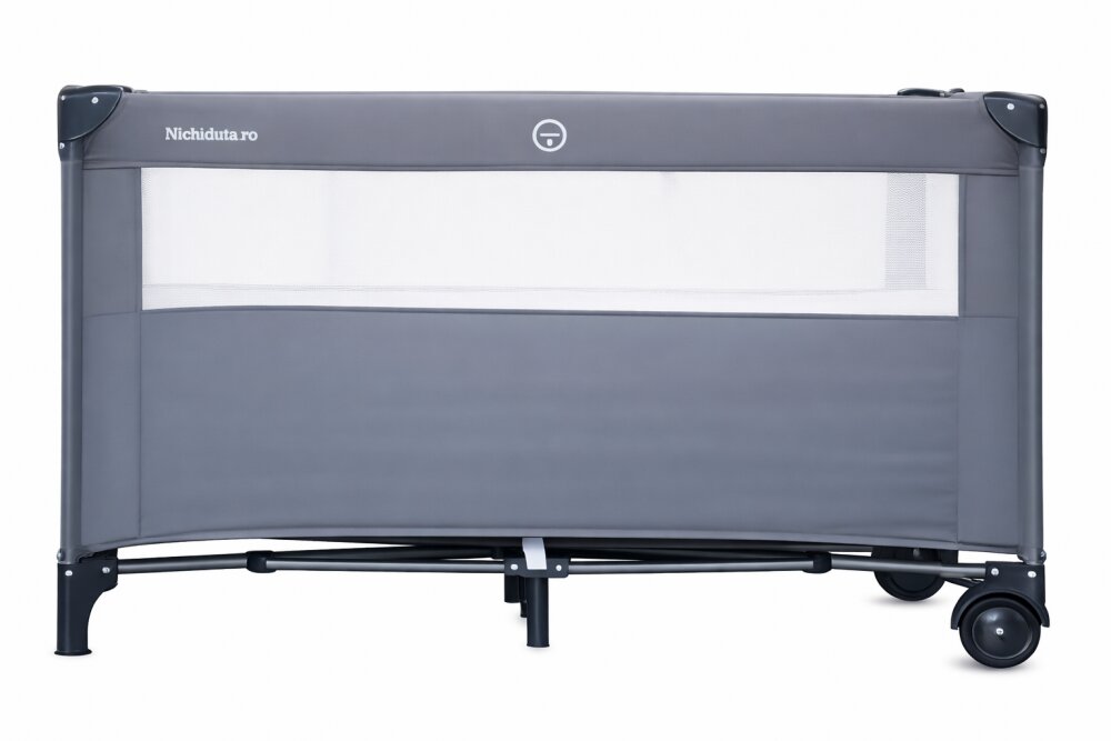 Nichiduta Patut pliabil pentru copii Grey laterala culisanta doua nivele cadru din otel material poliester 210D roti cu frana buzunar lateral dimensiune 125 x 65 x 77 cm geanta de transport inclusa