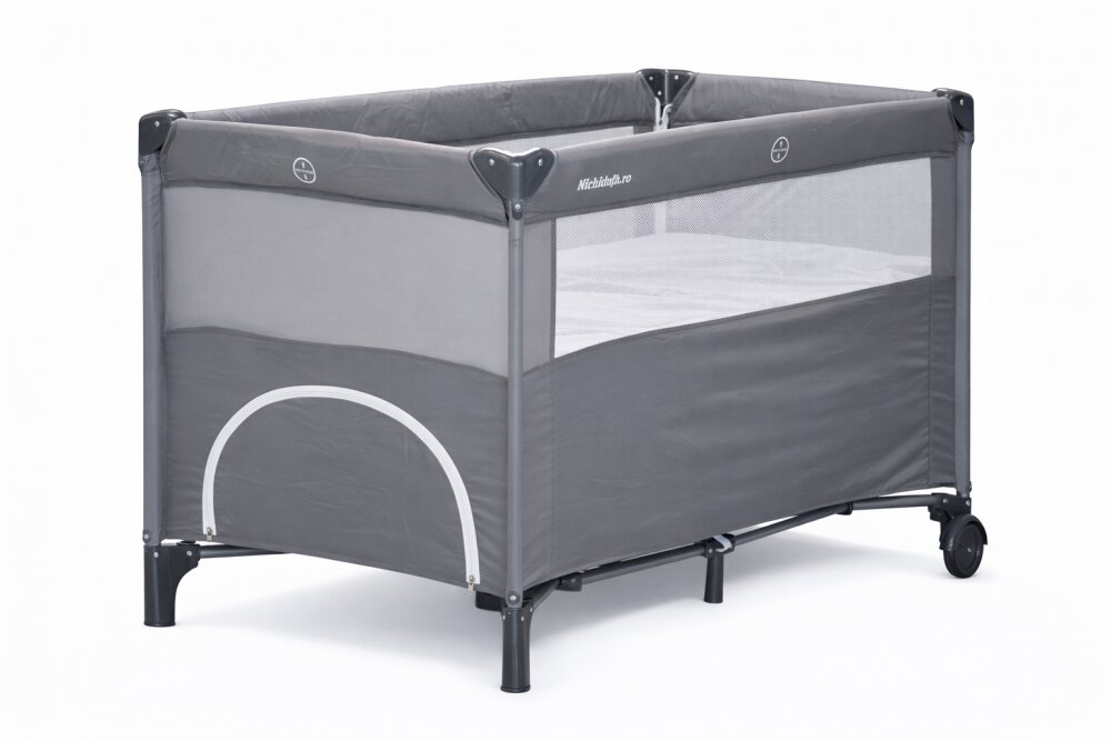 Nichiduta Patut pliabil pentru copii Grey laterala culisanta doua nivele cadru din otel material poliester 210D roti cu frana buzunar lateral dimensiune 125 x 65 x 77 cm geanta de transport inclusa