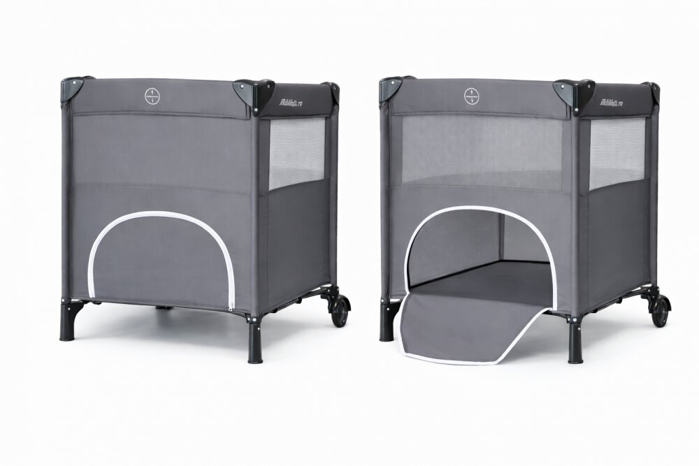 Nichiduta Patut pliabil pentru copii Grey laterala culisanta doua nivele cadru din otel material poliester 210D roti cu frana buzunar lateral dimensiune 125 x 65 x 77 cm geanta de transport inclusa