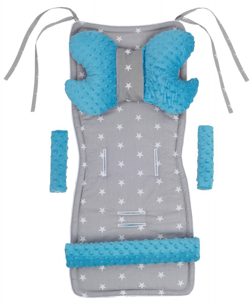 Nichiduta Set 4 in 1 Minky pentru carucior cu salteluta perna 2 protectii centuri si protectie bara Turquoise