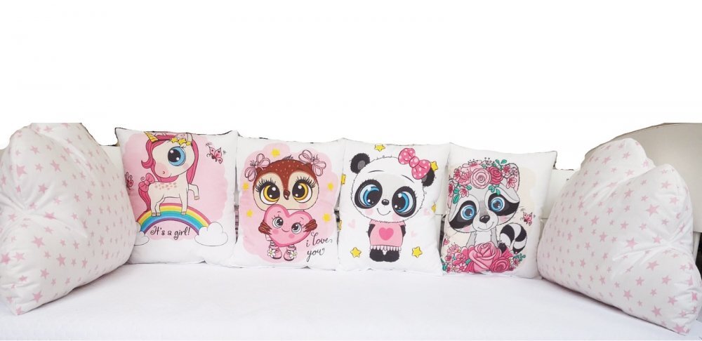 Nichiduta Set 6 pernute pentru patut cu panglici Happy Animals Pink
