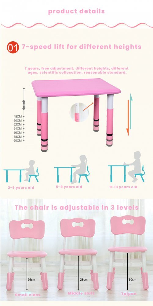 Nichiduta Set masuta si scaunel cu inaltime reglabila 60x60 cm Lift Pink