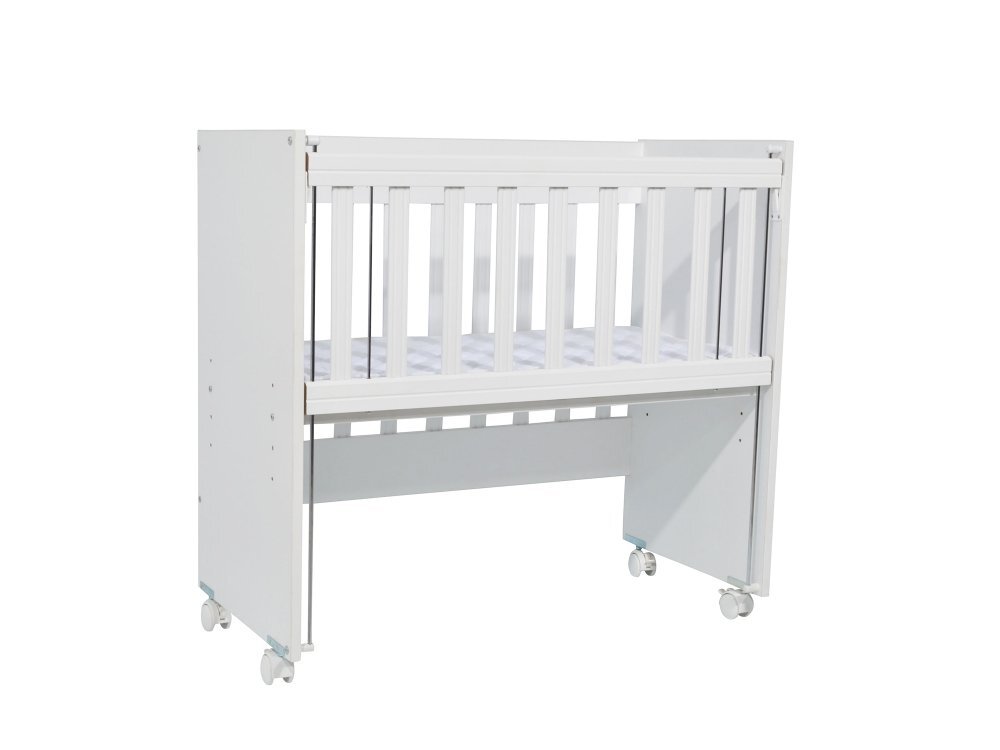 Nichiduta Set patut copii Mini Cot White cu laterala culisantasomiera reglabila pe 4 nivele de inaltimeRoti cu blocare si Margini rotunjite + Saltea cocos-burete cu detasabila cu fermoar Dreamillo Bunny 90x40 cm