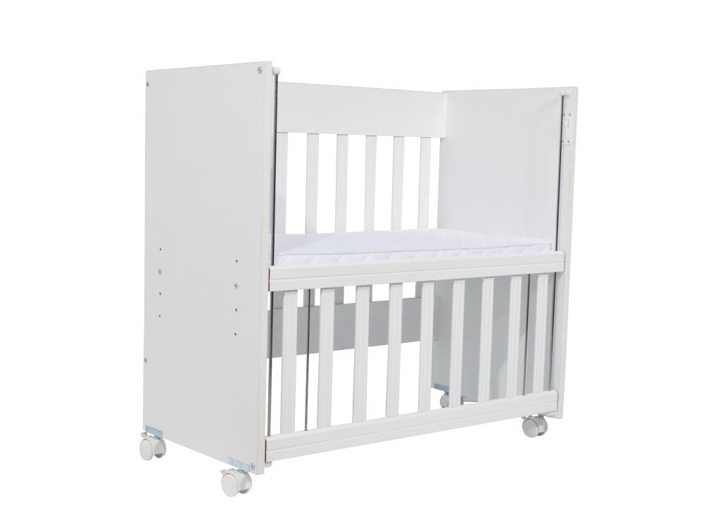 Nichiduta Set patut copii Mini Cot White cu laterala culisantasomiera reglabila pe 4 nivele de inaltimeRoti cu blocare si Margini rotunjite + Saltea cocos-burete cu detasabila cu fermoar Dreamillo Bunny 90x40 cm