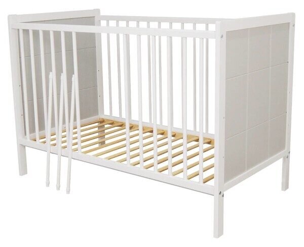 Nichiduta Set Patut din lemn 120 x 60 cm multifunctional cu laterala detasabila si somiera reglabila pe 3 nivele de inaltime Cezar Alb + Saltea cu husa detasabila din microfibra 12 cm grosime Cocos Comfort +