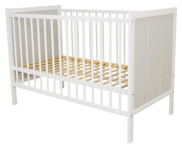 Nichiduta Set Patut din lemn 120 x 60 cm multifunctional cu laterala detasabila si somiera reglabila pe 3 nivele de inaltime Cezar Alb + Saltea cu husa detasabila din microfibra 12 cm grosime Cocos Comfort +