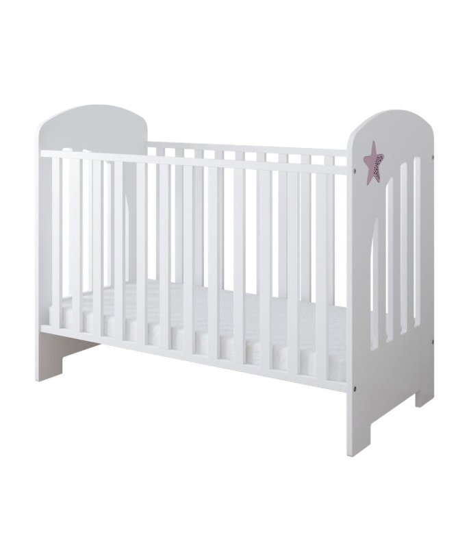 Nichiduta Set Patut din lemn 120x60cm cu somiera reglabila pe 3 nivele de inaltimemargine din silicon pentru protectie dintisori Little Star Pink + Saltea cu husa detasabila 10 cm grosime Cocos Comfort +