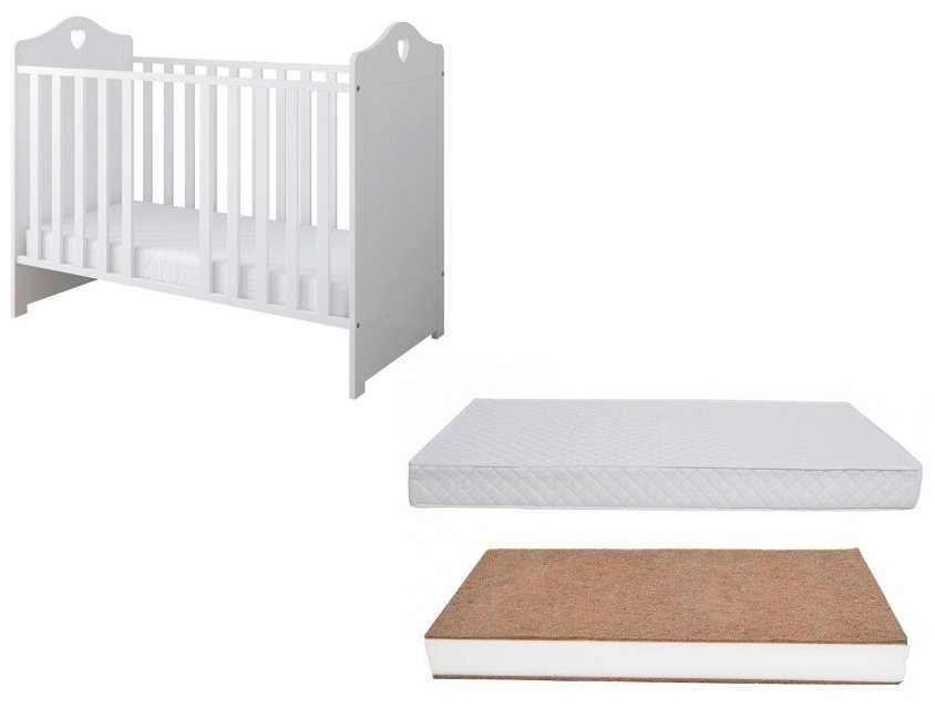 Nichiduta Set Patut din lemn cu somiera reglabila si margine din silicon pentru protectie dintisori Bella White + Saltea cu husa detasabila din microfibra 12 cm grosime Cocos Comfort