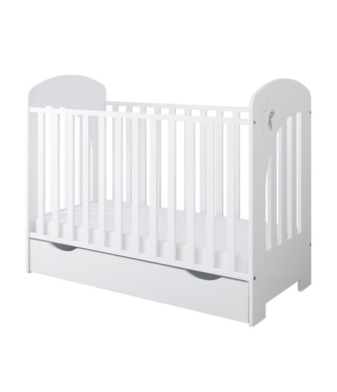 Nichiduta Set Patut din lemn pana la 4 ani cu sertarsuport saltea reglabil si margine din silicon Little Star Alb + Saltea cu husa detasabila din microfibra 12 cm grosime Cocos Comfort +