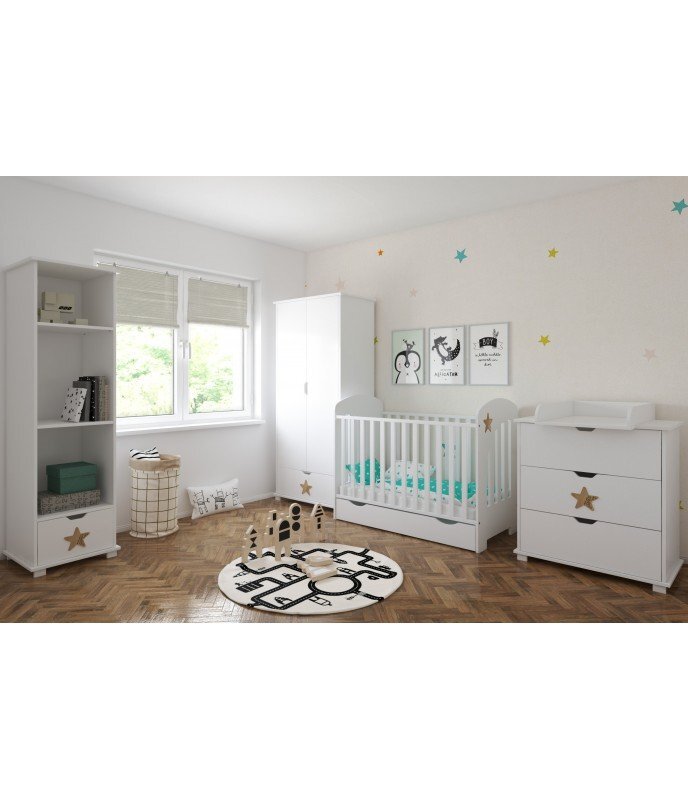 Nichiduta Set Patut din lemn pana la 4 ani cu sertarsuport saltea reglabil si margine din silicon Little Star Alb + Saltea cu husa detasabila din microfibra 12 cm grosime Cocos Comfort +