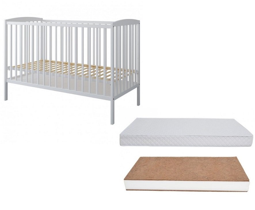 Nichiduta Set Patut din lemn pana la 4 ani cu somiera reglabila pe 3 nivele de inaltime 120x60 cm Grace Alb + Saltea cu husa detasabila din microfibra 10 cm grosime Cocos Comfort +