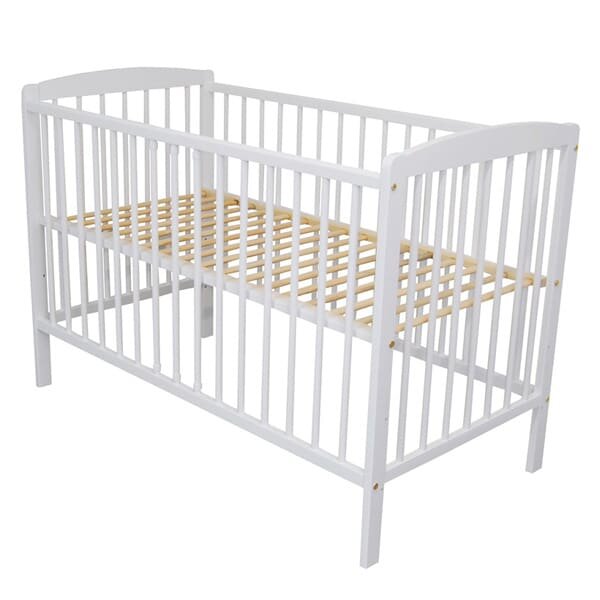 Nichiduta Set Patut din lemn pentru copii pana la 4 ani somiera reglabila pe 3 nivele de inaltime si sistem 3 bare detasabile 120x60 cm Andrei Alb + Saltea cu husa detasabila din microfibra 10 cm grosime Cocos Comfort +
