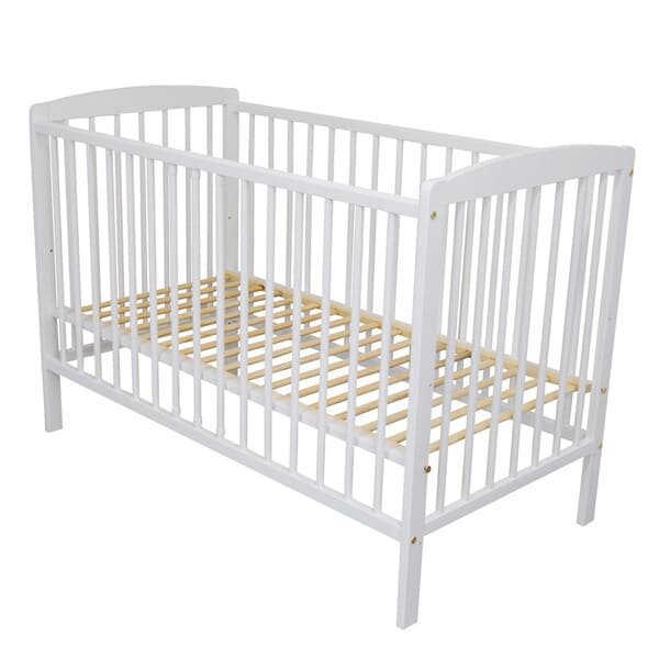 Nichiduta Set Patut din lemn pentru copii pana la 4 ani somiera reglabila pe 3 nivele de inaltime si sistem 3 bare detasabile 120x60 cm Andrei Alb + Saltea cu husa detasabila din microfibra 10 cm grosime Cocos Comfort +