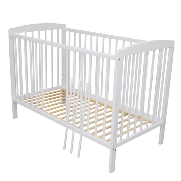 Nichiduta Set Patut din lemn pentru copii pana la 4 ani somiera reglabila pe 3 nivele de inaltime si sistem 3 bare detasabile 120x60 cm Andrei Alb + Saltea cu husa detasabila din microfibra 12 cm grosime Cocos Comfort +