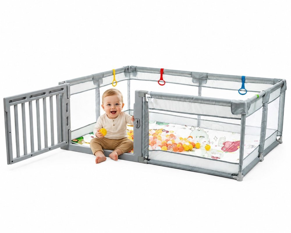 Nichiduta Tarc de joaca 120 x 180 cm cu cadru metalic pereti din plasa inaltime 65 cm cu poarta de acces covoras spuma cu doua fete 4 inele ajutatoare si 100 de bile incluse Playfence Grey