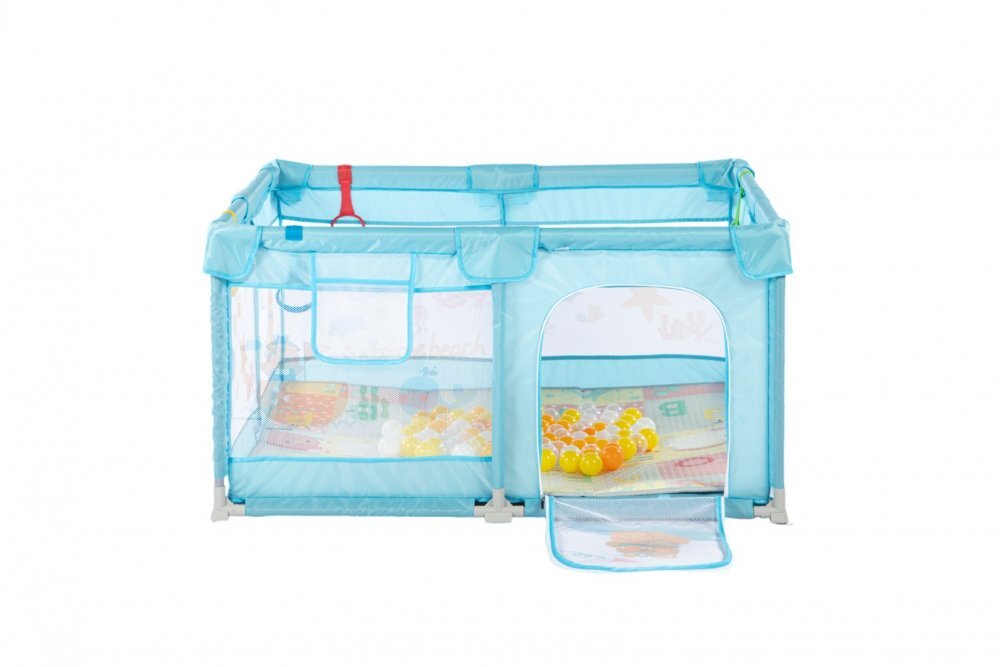 Nichiduta Tarc de joaca 120x120 cm Polar Blue cu cadru metalic pereti din plasa inaltime 65 cm acces cu fermoar covoras spuma cu doua fete 4 inele ajutatoare cu geanta de transport si 100 de bilute multicolore incluse