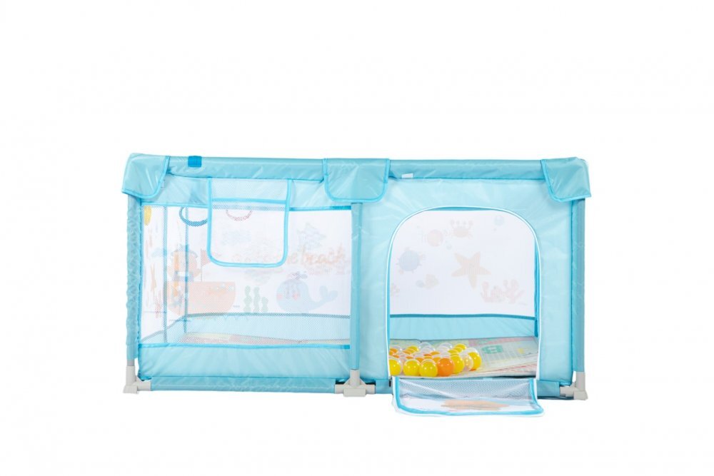 Nichiduta Tarc de joaca 120x120 cm Polar Blue cu cadru metalic pereti din plasa inaltime 65 cm acces cu fermoar covoras spuma cu doua fete 4 inele ajutatoare cu geanta de transport si 100 de bilute multicolore incluse