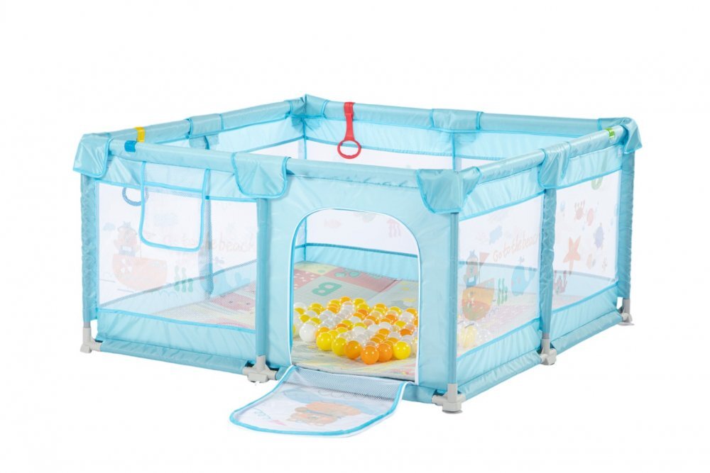 Nichiduta Tarc de joaca 120x120 cm Polar Blue cu cadru metalic pereti din plasa inaltime 65 cm acces cu fermoar covoras spuma cu doua fete 4 inele ajutatoare cu geanta de transport si 100 de bilute multicolore incluse