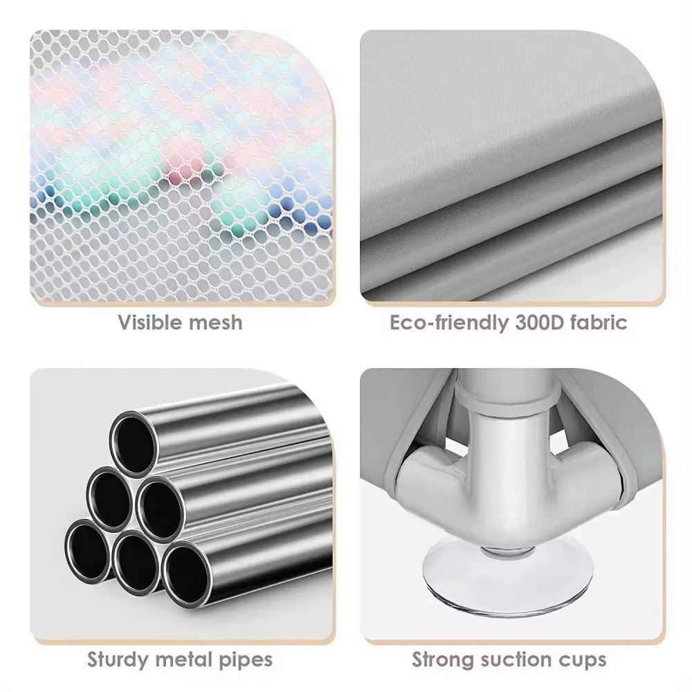 Nichiduta Tarc de joaca 120x120 cm Polar Grey cu cadru metalic pereti din plasa inaltime 65 cm acces cu fermoar covoras spuma cu doua fete 4 inele ajutatoare cu geanta de transport si 100 de bilute multicolore incluse