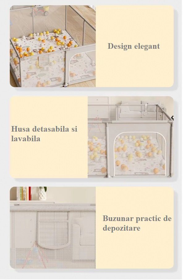 Nichiduta Tarc de joaca Forest Beige 120x120x65 cm cu cadru metalic pereti din plasa acces cu fermoar 4 inele ajutatoare covoras din spuma cu doua fete si 100 de bile incluse
