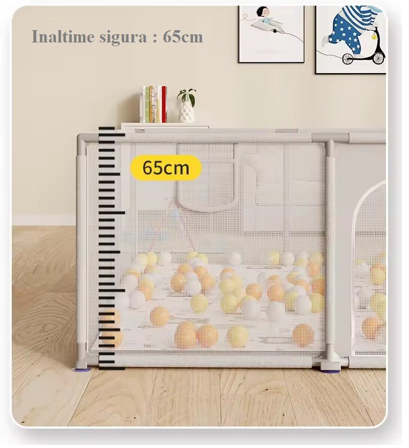 Nichiduta Tarc de joaca Forest Beige 150x180x65 cm cu cadru metalic pereti din plasa acces cu fermoar 4 inele ajutatoare covoras din spuma cu doua fete si 100 de bile incluse