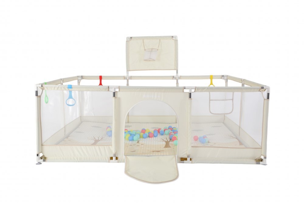 Nichiduta Tarc de joaca pentru copii Beige 180 x 200 x 73cm cadru metalic pereti din plasa poarta de acces covoras din spuma cu doua fete 4 inele ajutatoare si 100 bilute incluse