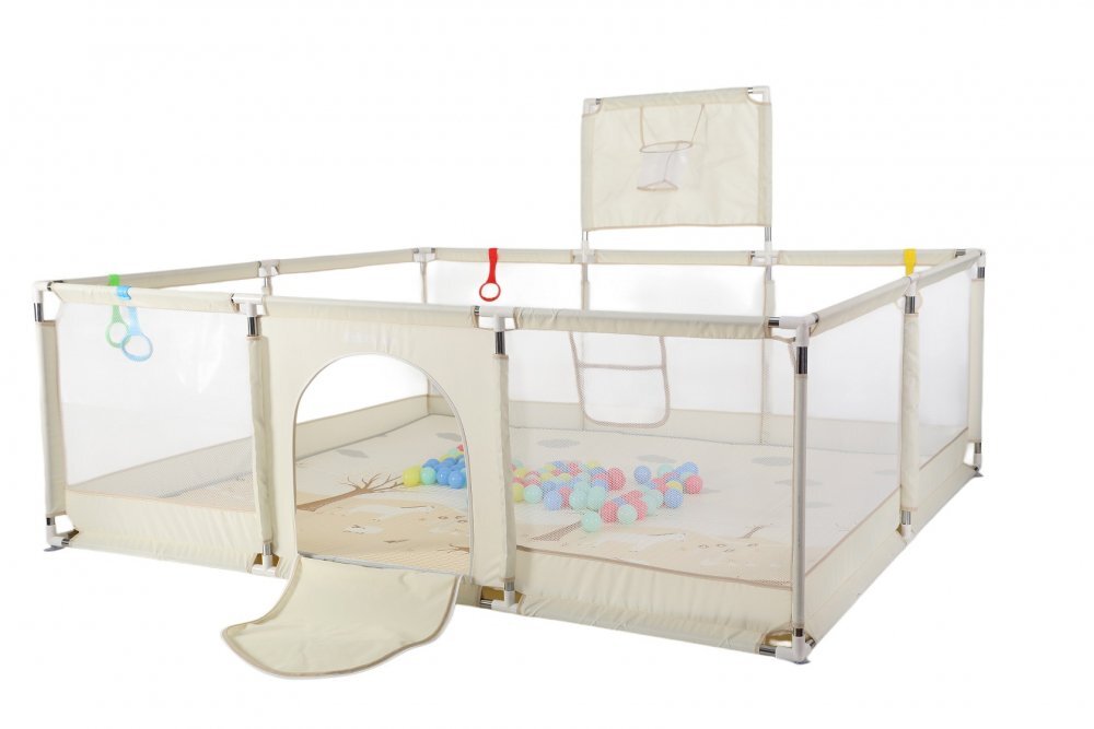 Nichiduta Tarc de joaca pentru copii Beige 180 x 200 x 73cm cadru metalic pereti din plasa poarta de acces covoras din spuma cu doua fete 4 inele ajutatoare si 100 bilute incluse