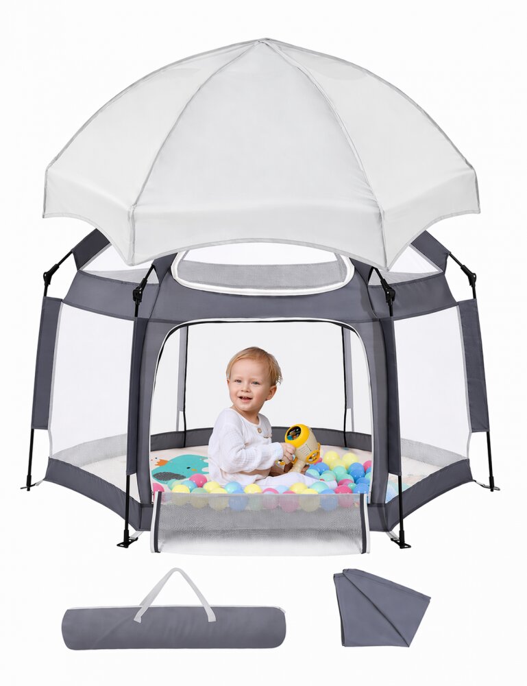 Nichiduta Tarc de joaca pentru copii Dark Grey 150 x 150 x 120 cm de interior exterior cadrul metalic pereti din plasa protectie solara covoras din spuma cu doua fete 4 inele ajutatoare si 100 bile incluse