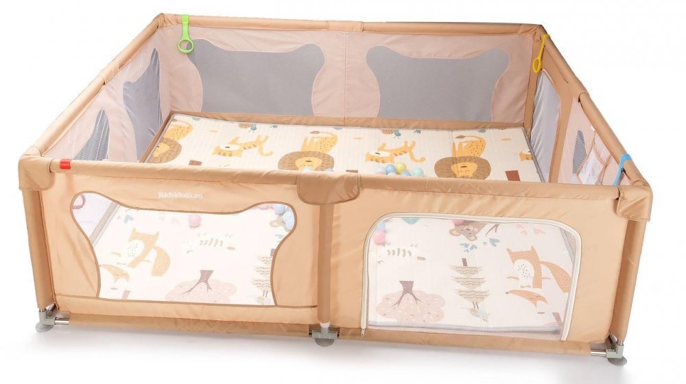 Nichiduta Tarc de joaca pentru copii dimensiune 180 x 200 cm cadru metalic si pereti din plasa acces cu fermoar cu 4 inele ajutatoare covoras din spuma cu doua fete si 100 de bile incluse Beige