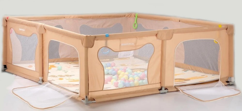Nichiduta Tarc de joaca pentru copii dimensiune 180 x 200 cm cadru metalic si pereti din plasa acces cu fermoar cu 4 inele ajutatoare covoras din spuma cu doua fete si 100 de bile incluse Beige