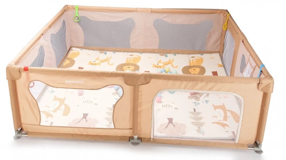 Nichiduta Tarc de joaca pentru copii dimensiune 180 x 200 cm cadru metalic si pereti din plasa acces cu fermoar cu 4 inele ajutatoare covoras din spuma cu doua fete si 100 de bile incluse Beige