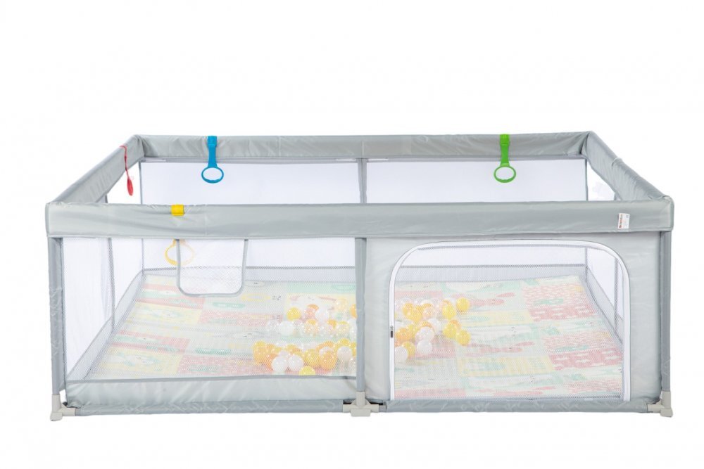 Nichiduta Tarc de joaca pentru copii Grey 180 x 200 x 67cm cadrul metalic pereti din plasa acces cu fermoar covoras spuma cu doua fete 4 inele ajutatoare cu geanta de transport si 100 de bilute multicolore incluse