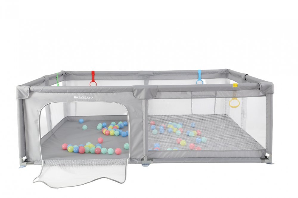 Nichiduta Tarc de joaca pentru copii Light Grey 200 x 200 x 64cm cadru metalic pereti din plasa covoras din spuma cu doua fete 4 inele ajutatoare si 100 bilute incluse