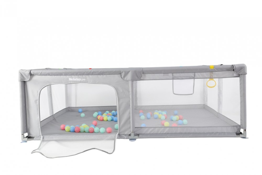 Nichiduta Tarc de joaca pentru copii Light Grey 200 x 200 x 64cm cadru metalic pereti din plasa covoras din spuma cu doua fete 4 inele ajutatoare si 100 bilute incluse