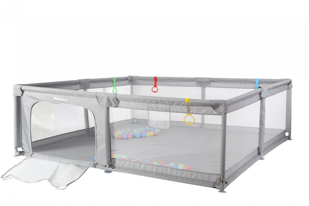 Nichiduta Tarc de joaca pentru copii Light Grey 200 x 200 x 64cm cadru metalic pereti din plasa covoras din spuma cu doua fete 4 inele ajutatoare si 100 bilute incluse