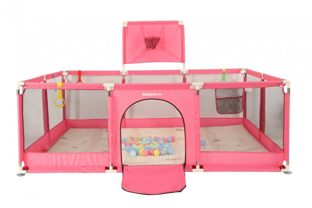 Nichiduta Tarc de joaca pentru copii Pink 180 x 200 x 73cm cadru metalic pereti din plasa poarta de acces covoras din spuma cu doua fete 4 inele ajutatoare si 100 bilute incluse
