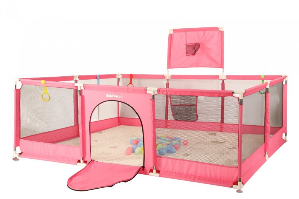 Nichiduta Tarc de joaca pentru copii Pink 180 x 200 x 73cm cadru metalic pereti din plasa poarta de acces covoras din spuma cu doua fete 4 inele ajutatoare si 100 bilute incluse