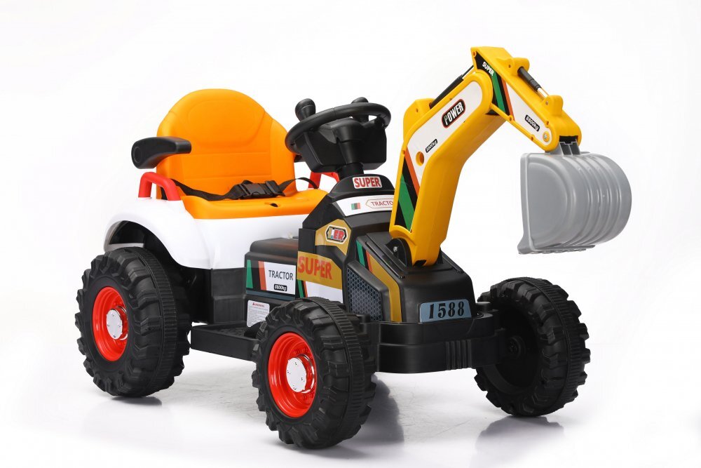 Nichiduta Tractor electric cu cupa pentru copii Digger Scorpion Yellow 12Vtelecomanda 2.4G2 motoarex25wscaun din piele ecologicacupa mobilasuport picioarecotiereroti late rezistentemuzicadimensiune 118x58x55cm