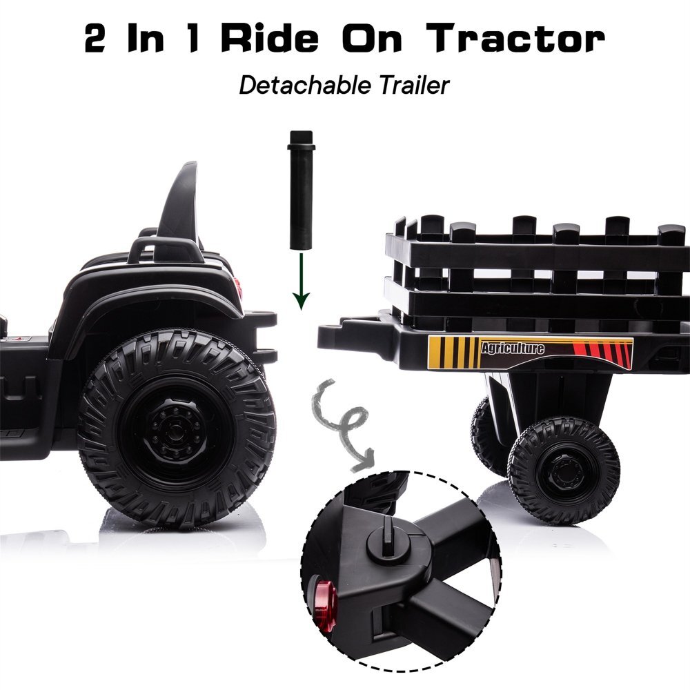 Nichiduta Tractor electric pentru copii Agriculture Black 12V 80W cu telecomanda pornire la buton Mp3 Usb si remorca detasabila